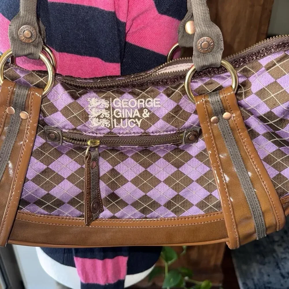 George Gina & Lucy rare Vtg 90s purple &brown argyle handbag with brown leather